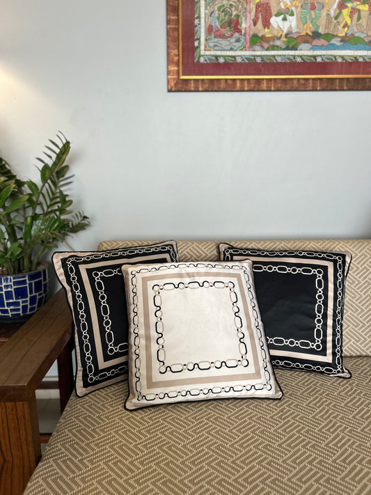Black Printed Polyester Satin Cushion Cover - 16" x 16"
