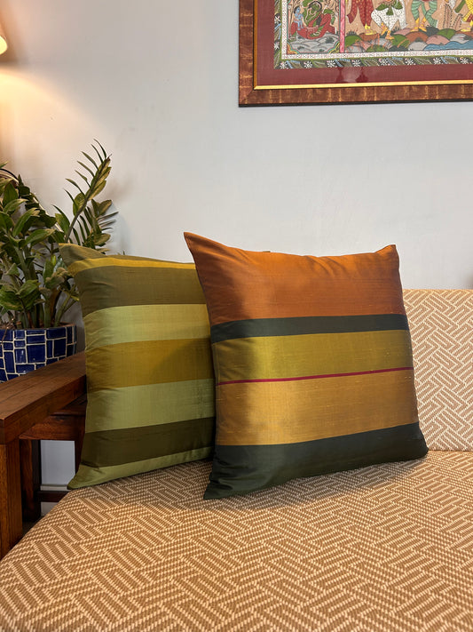 Pure Silk Yarn Dyed Green-Copper Cushion Cover - 20" x 20"