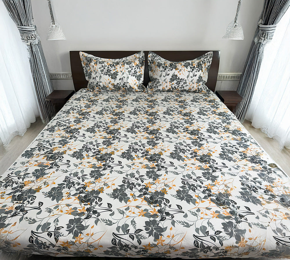King Flat 100% Cotton Mustard-Grey Floral Print Bed Sheet Set