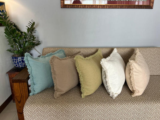 Solid Frayed-Edge Beige Lumbar / Throw Pillow - 16" x 24"_5