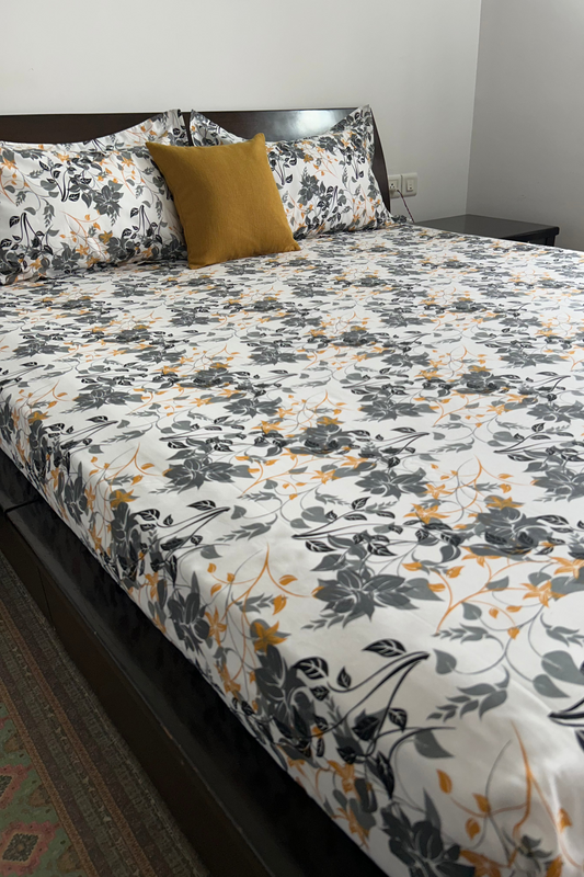 100% Cotton Grey Floral Print Bed Sheet Set