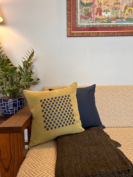 Pista-Green Embroidery Ramie Cushion Cover - 16" x 16"