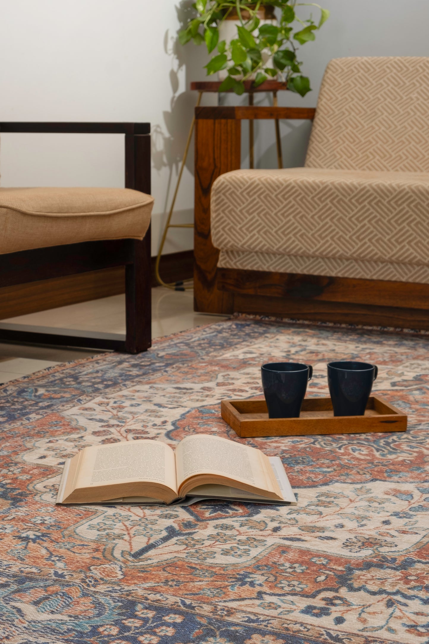 Digitally Printed Rug - Khaki-Blue Oriental