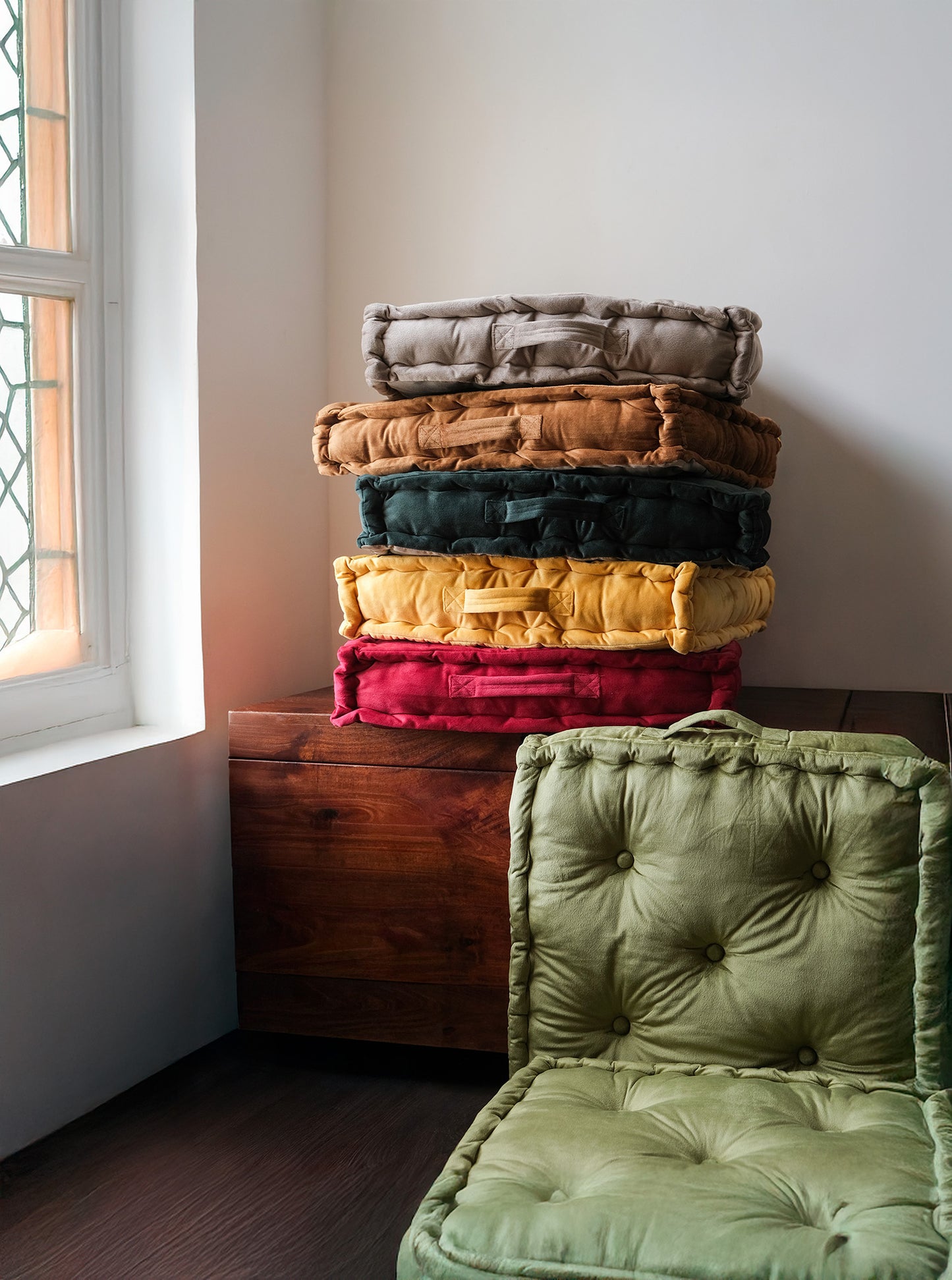 Floor Cushion - Lime-Green Velvet - 20" X 20" X 4"