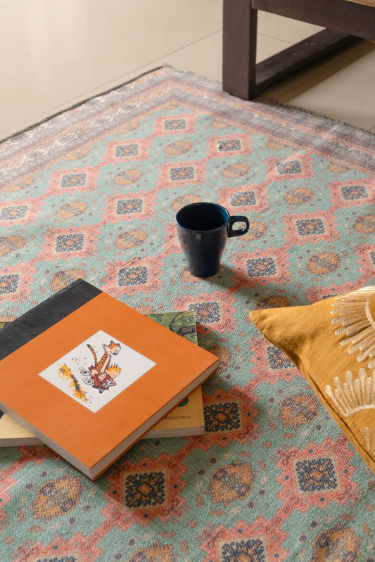 Digitally Printed Rug - Green Kantha