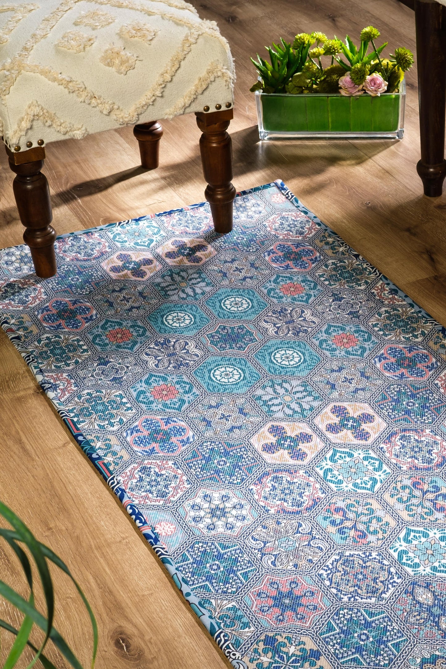 Digitally Printed Rug - Airforce Blue Hexa