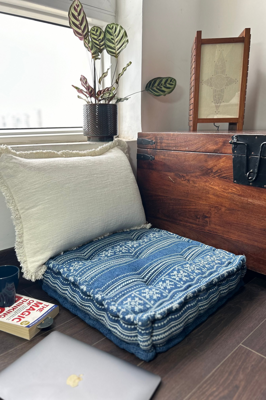 Floor Cushion - Indigo Tribal Print - 20" X 20" X 4"