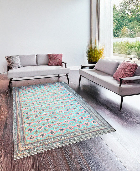 Digitally Printed Rug - Green Kantha