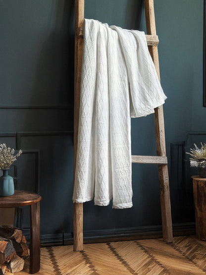Twin Blanket - Throw -  100% Cotton - Diamond Dobby - White