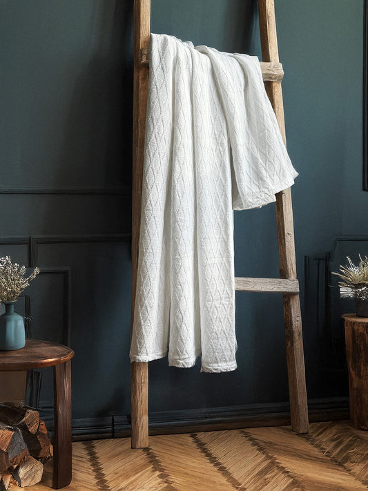 Twin Blanket - Throw -  100% Cotton - Diamond Dobby - White