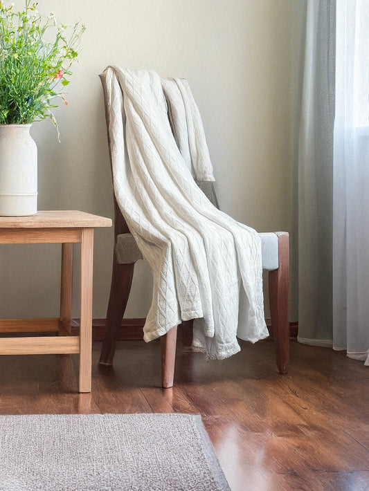 Twin Blanket - Throw -  100% Cotton - Diamond Dobby - White
