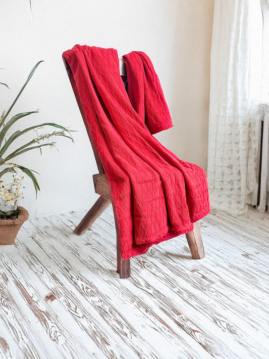 Twin Blanket - Throw -  100% Cotton - Diamond Dobby - Red