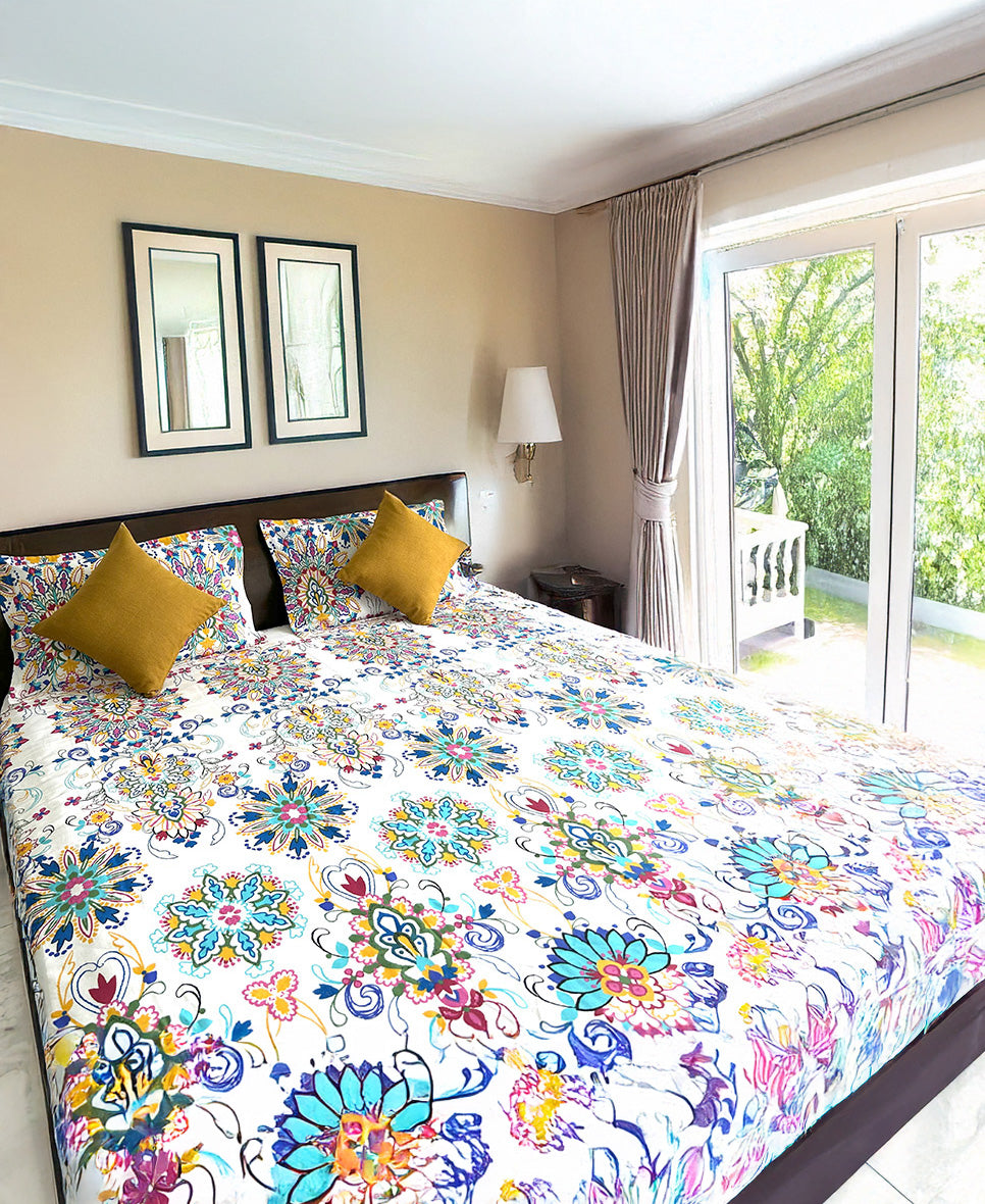 King Fitted 180 Thread Count Pure Cotton Mexican Print Bed Sheet Set