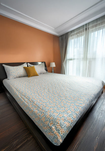 King Flat 300 Thread Count Pure Cotton Mustard Floral Print Bed Sheet Set