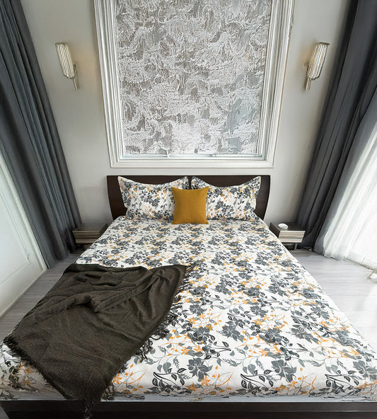 King Fitted 100% Cotton Mustard-Grey Floral Print Bed Sheet Set