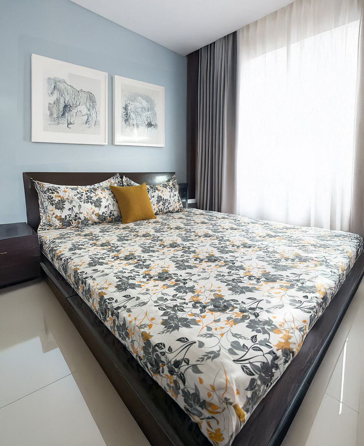 King Fitted 100% Cotton Mustard-Grey Floral Print Bed Sheet Set