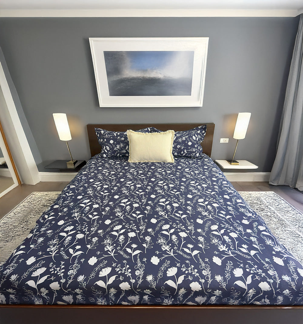 King Flat Bed Sheet Set 100% Cotton Navy Print