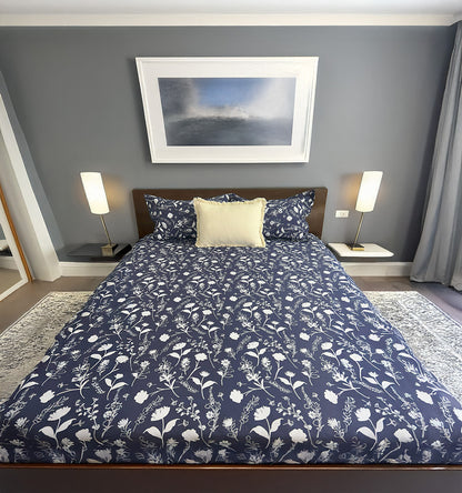 King Flat Bed Sheet Set 100% Cotton Navy Print