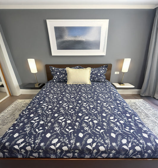 King Flat Bed Sheet Set 100% Cotton Navy Print