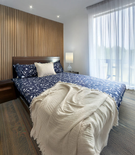 King Flat Bed Sheet Set 100% Cotton Navy Print