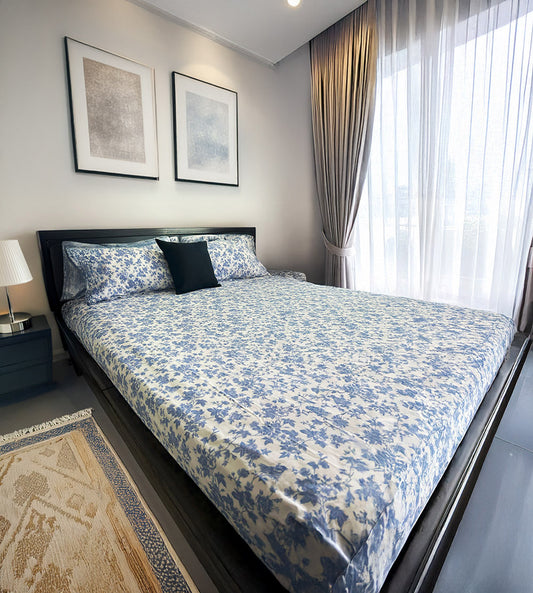 King Flat 300 Thread Count 100% Cotton Sateen French Blue Bed Sheet Set