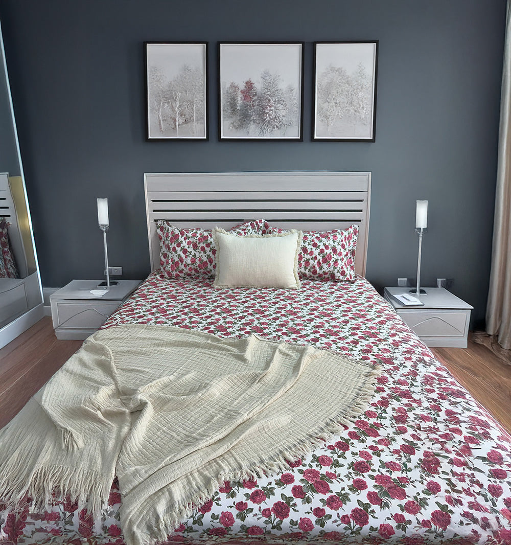 King Flat 200 Thread Count Pure Cotton Floral Print Bed Sheet Set