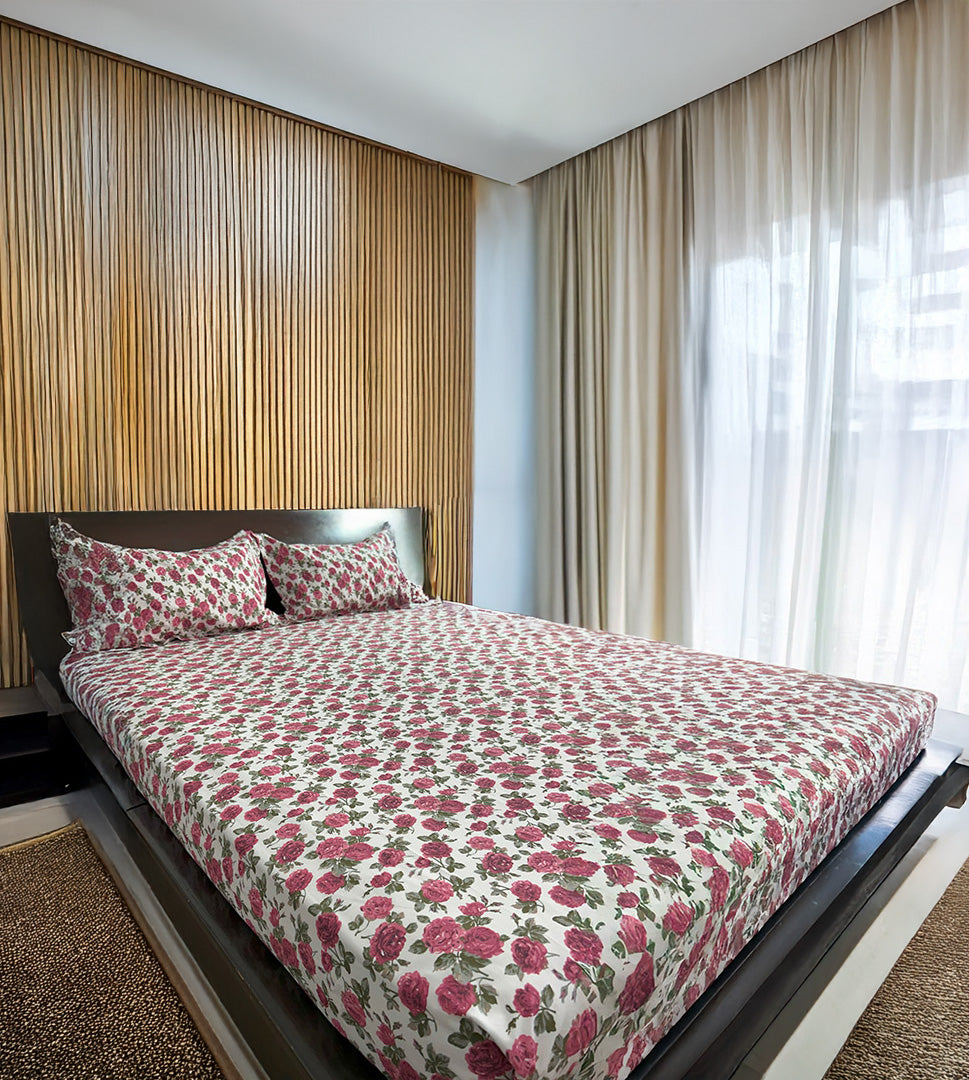 King Flat 200 Thread Count Pure Cotton Floral Print Bed Sheet Set