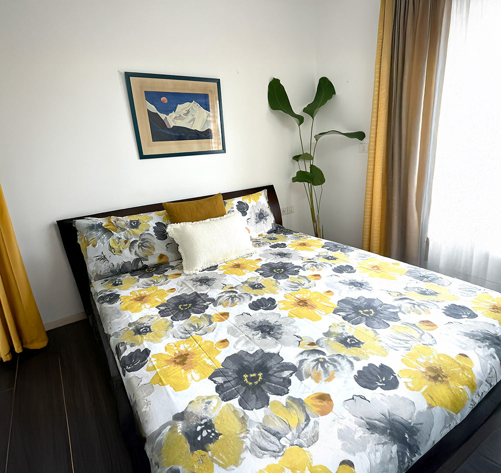 King Flat 100% Cotton Autumn Floral Print Bed Sheet Set