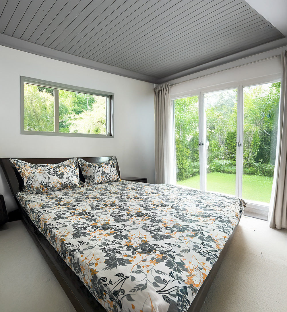 King Fitted 100% Cotton Mustard-Grey Floral Print Bed Sheet Set