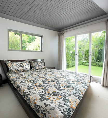 King Fitted 100% Cotton Mustard-Grey Floral Print Bed Sheet Set