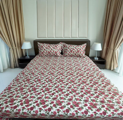 King Flat 200 Thread Count Pure Cotton Floral Print Bed Sheet Set