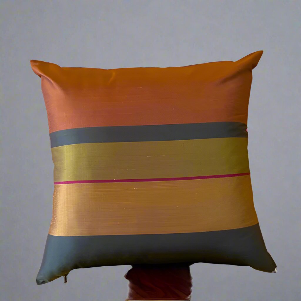 Pure Silk Yarn Dyed Green-Copper Cushion Cover - 20" x 20"