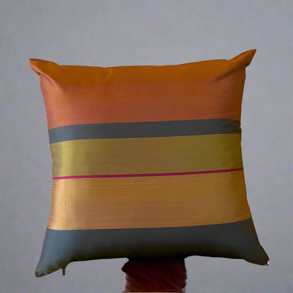 Pure Silk Yarn Dyed Green-Copper Cushion Cover - 20" x 20"