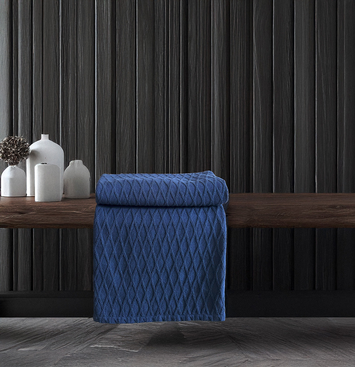 Twin Blanket - Throw -  100% Cotton - Diamond Dobby - Navy