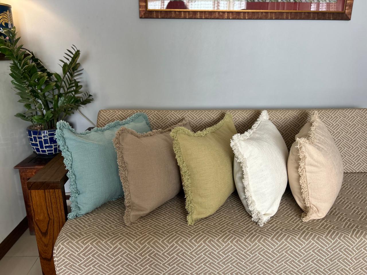Solid Frayed-Edge Beige Lumbar / Throw Pillow - 16" x 24"_5