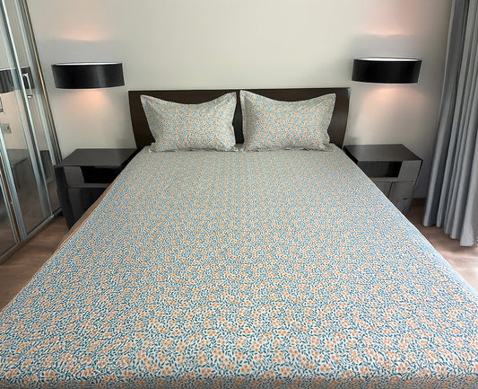 King Flat 300 Thread Count Pure Cotton Mustard Floral Print Bed Sheet Set